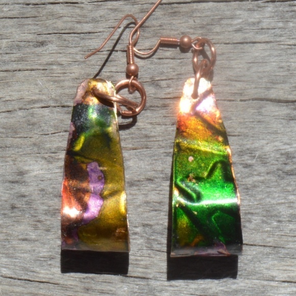 Conceptual Subculture Jewelry - Green Yellow Pure Copper Hoops Embossed Earrings Stars Handmade Psychedelic